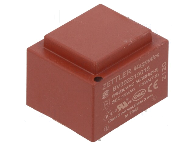 Transformator: ingegoten; 1,5VA; 230VAC; 15V; 125mA; PCB Transformator: ingegoten; 1,5VA; 230VAC; 15V; 125mA; PCB